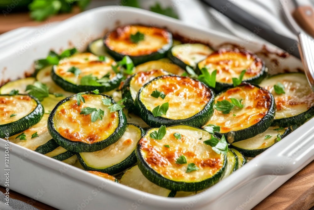 A zucchini casserole fresh out of the oven, with golden cheese bubbling on top and a spatula ready to serve A zucchini casserole fresh out of the oven, with golden cheese bubbling on top and a spatula ready to serve