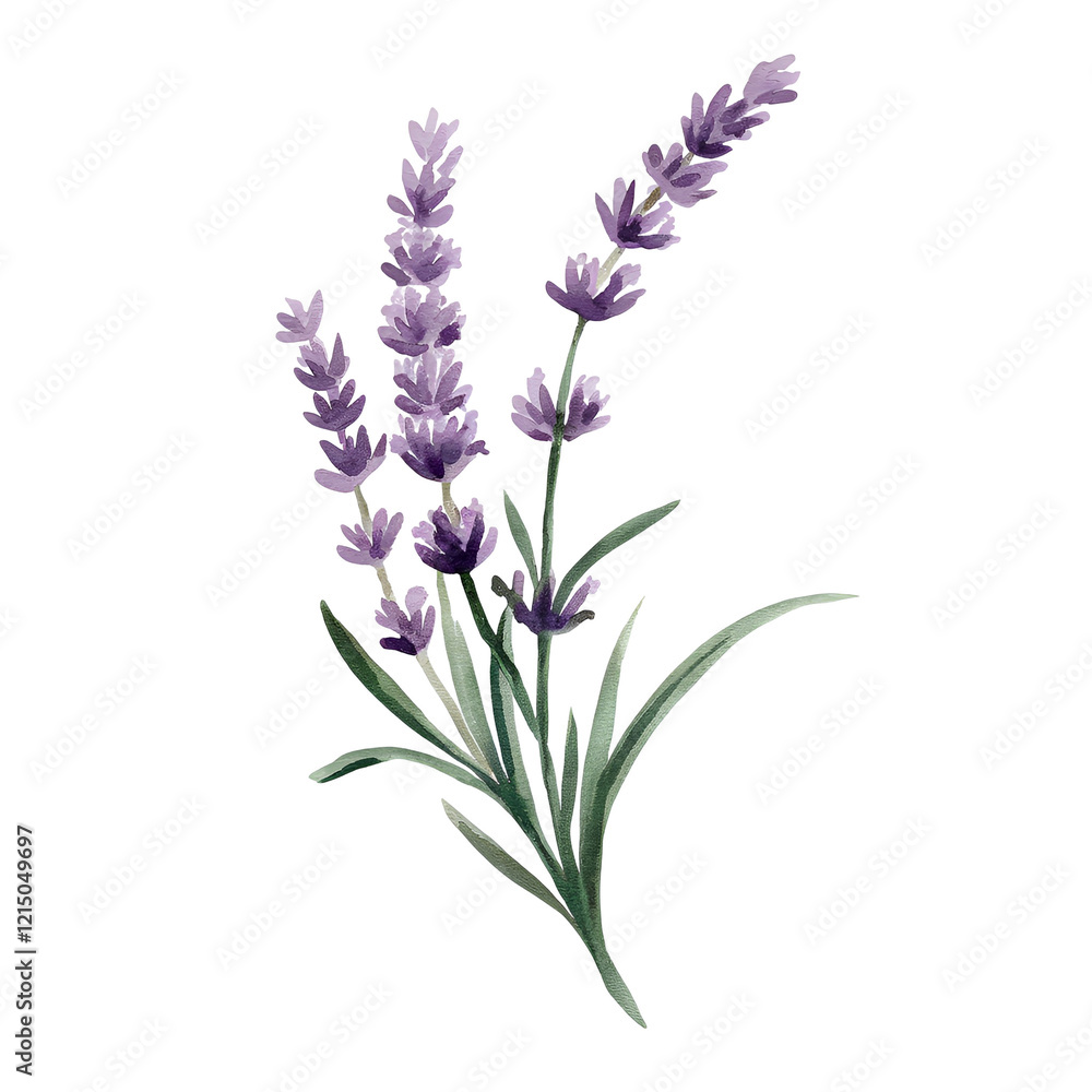 Fototapeta premium Lavender Sprig Watercolor Painting with Delicate Purple Hues and Soft Brushstrokes Isolated on Transparent Background