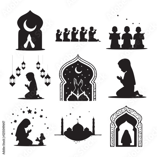 Man in different praying poses Man praying and praising God on knees silhouette set vector illustration Silhouette of people praying