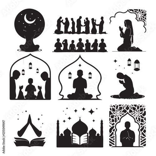 Man in different praying poses Man praying and praising God on knees silhouette set vector illustration Silhouette of people praying