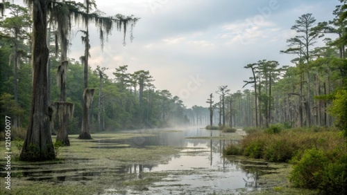 Ancient swamp forests stretching towards the horizon, carboniferous landscape, water, ferns, horsetails, cycads