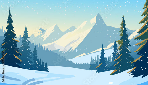 Winter landscape with pine trees and snowfall in the mountains. Vector illustration.
