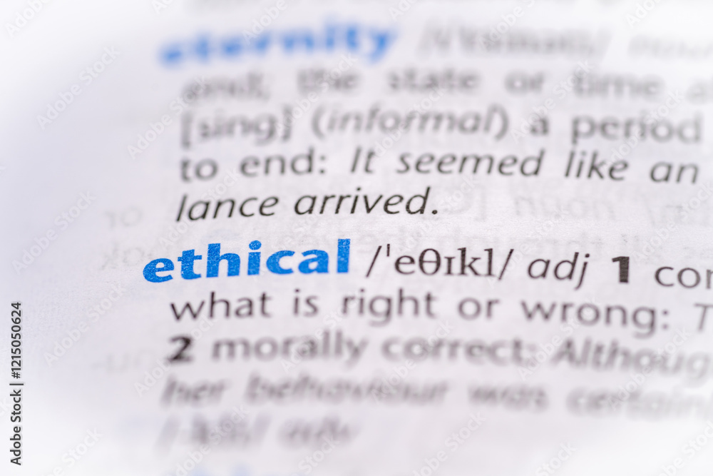 Ethical word in a dictionary. Selective focus, close up. Ethical word in a dictionary. Selective focus, close up.