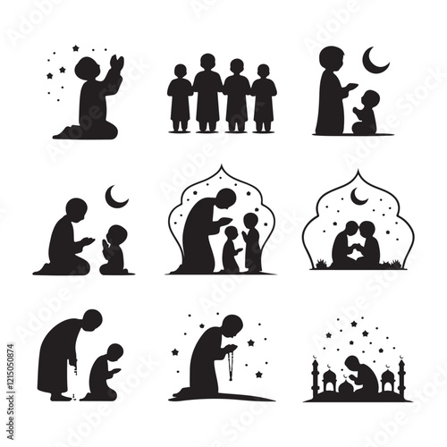 Man in different praying poses Man praying and praising God on knees silhouette set vector illustration Silhouette of people praying