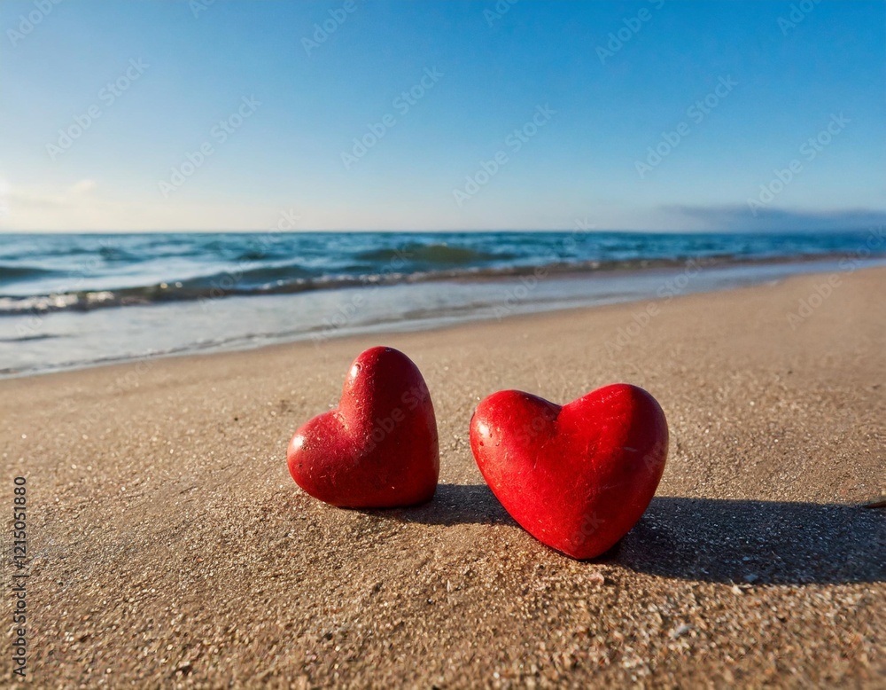Fototapeta premium Two Red Heart-Shaped Stones on the Sandy Beach, Symbolizing Love and Connection by the Ocean