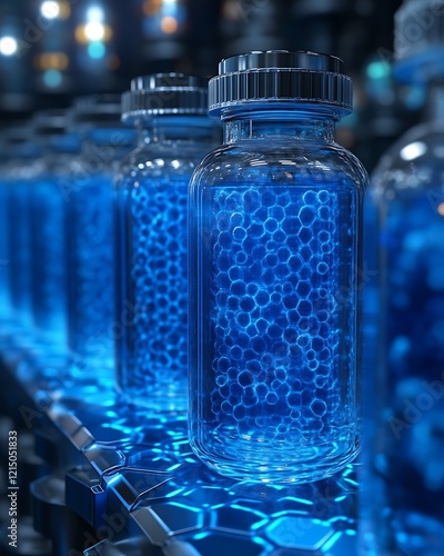 Blue liquid in glass vials on conveyor belt.
