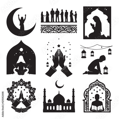 Man in different praying poses Man praying and praising God on knees silhouette set vector illustration Silhouette of people praying