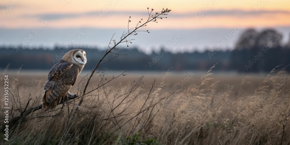 An owl's feathers blend seamlessly into the muted tones of the twilight meadow as it sits motionless in its treetop perch, tree branch, muted owl An owl's feathers blend seamlessly into the muted tones of the twilight meadow as it sits motionless in its treetop perch, tree branch, muted owl