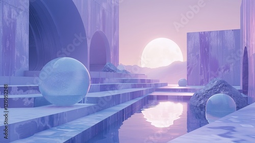 Surreal Purple Cityscape with Reflective Pool and Spheres