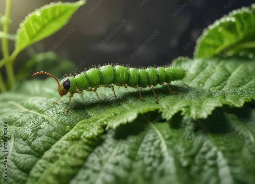 Ant crawling on green caterpillar on a leaf with detailed veins, wildlife, insect, plant Ant crawling on green caterpillar on a leaf with detailed veins, wildlife, insect, plant