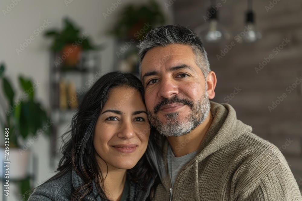 Portrait of a happy latino couple in their 30s wearing a thermal fleece pullover in modern minimalist interior Portrait of a happy latino couple in their 30s wearing a thermal fleece pullover in modern minimalist interior