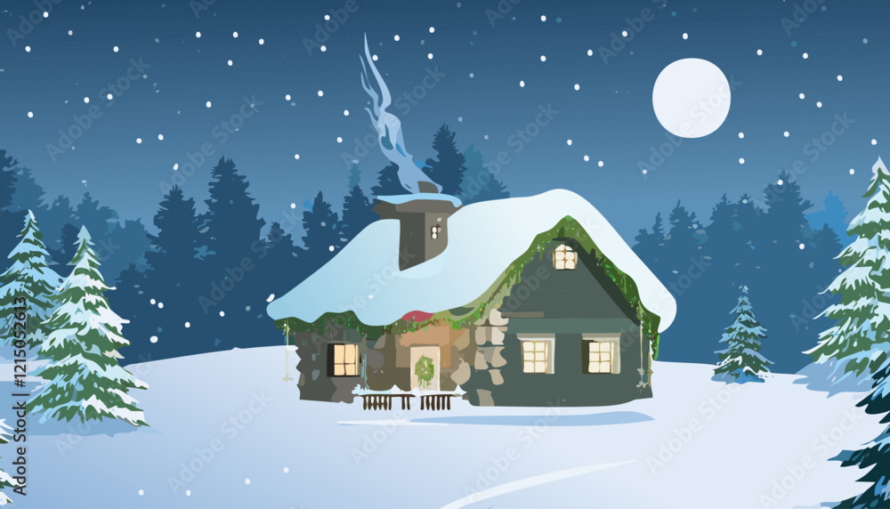 Winter landscape with house, fir trees and snowman. Vector illustration. Winter landscape with house, fir trees and snowman. Vector illustration.