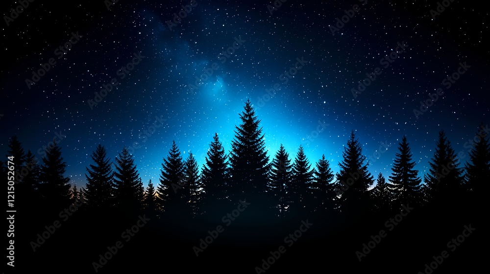 Naklejka premium Starry Night Sky Over Silhouette of Forest Treeline in Blue Light