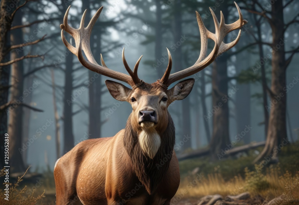 Antlered buck with majestic antlers spread wide, Animal head, Woodland scene Antlered buck with majestic antlers spread wide, Animal head, Woodland scene