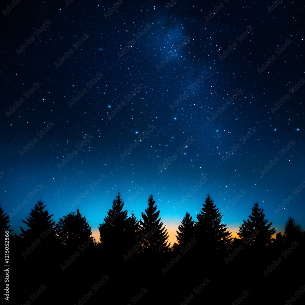 Fototapeta premium Starry Night Sky with Silhouette of Pine Trees in a Tranquil Setting