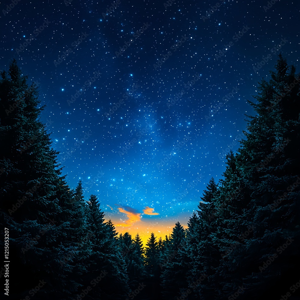 Fototapeta premium Tranquil Night Sky Over Forest Silhouette with Stars and Gradient