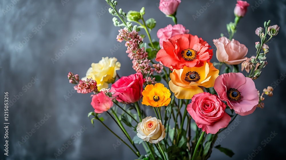 Tropical bouquet in elegant golden vase with bright and bold floral arrangement Tropical bouquet in elegant golden vase with bright and bold floral arrangement