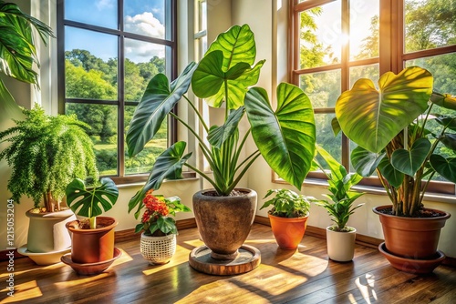 Lush Alocasia Macrorrhizos Houseplants Decorate Window & Wall in Sunlit Room photo