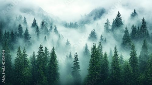 A green forest background with mist and fog, evoking calmness and tranquility, perfect for nature-inspired designs with a minimalistic, bright tone and blurred effects, offering empty space for captio photo