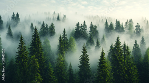 A green forest background with mist and fog, evoking calmness and tranquility, perfect for nature-inspired designs with a minimalistic, bright tone and blurred effects, offering empty space for captio photo