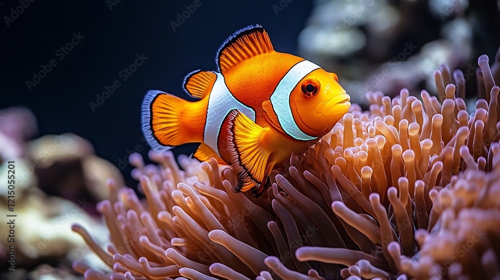 Vibrant clownfish nestled within tentacles of a sea anemone in a coral reef its orange and white body glowing under soft underwater light captured with a macro lens for vivid close up detail Vibrant clownfish nestled within tentacles of a sea anemone in a coral reef its orange and white body glowing under soft underwater light captured with a macro lens for vivid close up detail