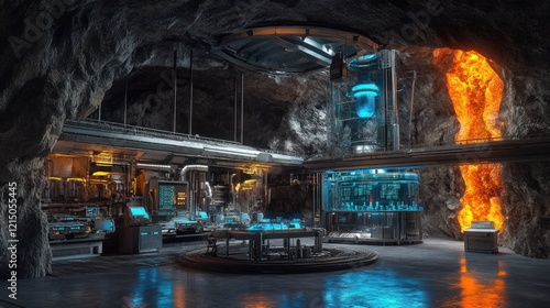 Futuristic Underground Laboratory inside Cave with lava view point