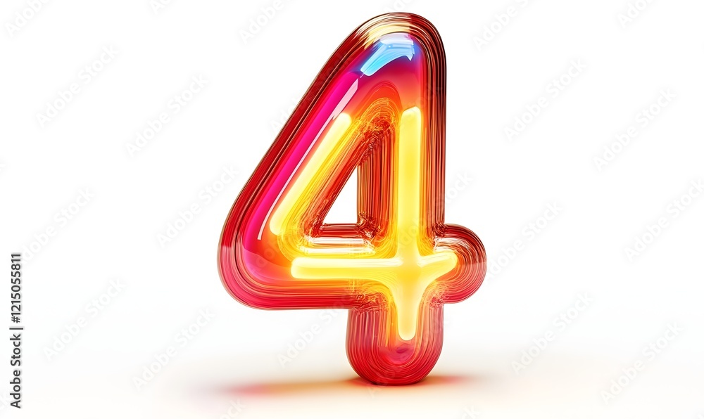 Glowing glass number four, white background, design element