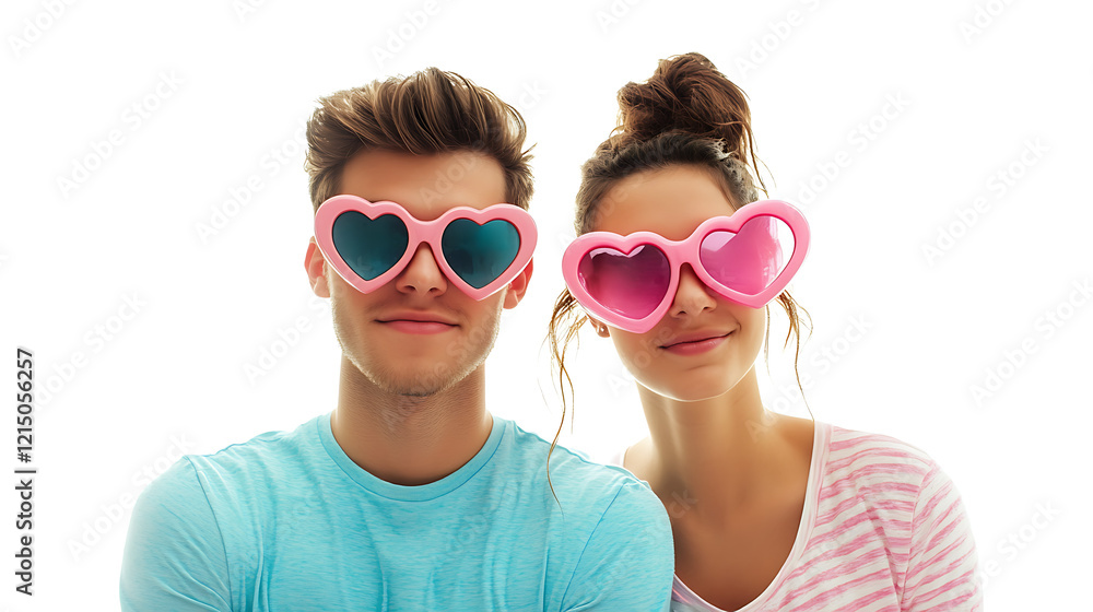 A couple in heart-shaped sunglasses, isolated on white background in HD A couple in heart-shaped sunglasses, isolated on white background in HD