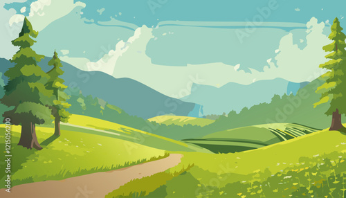 Summer landscape with green meadows and mountains. Vector illustration.