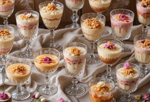 A whimsical collection of desserts in eclectic vintage glassware, featuring pastel custards, fruit curds, biscuit crumbles, and edible flowers, arranged in a playful, symmetrical pattern  photo