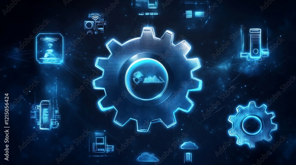 A futuristic gear graphic with technology icons in a digital space. A futuristic gear graphic with technology icons in a digital space.
