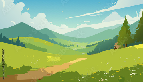 Green grass landscape with mountains and sky vector illustration.