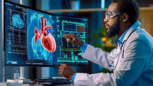 Doctor examining heart visualization night.Healthcare professional analyzes cardiac data computer.Modern care utilizing advanced technology.Critical insights medical diagnostics.Focused examination