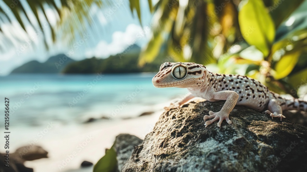 Leopard Gecko on Tropical Island Rock Leopard Gecko on Tropical Island Rock