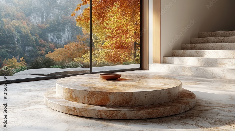 Fototapeta premium Autumnal mountain view, stone platform, modern home