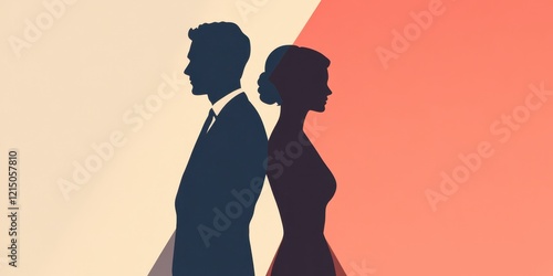 A man and woman are depicted as silhouettes standing back to back, with contrasting color backgrounds illustrating themes of connection and separation