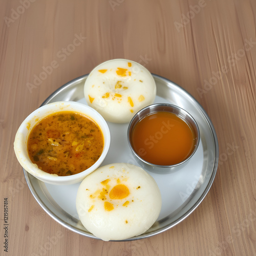 Indian Breakfast , idli with sambhar and indian tea ,morning style breakfast , indian idli ,idli with chuney photo