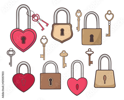 Set of colorful Padlocks with keys in doodle style. Realistic hand drawn padlock heart for Valentine's Day design for romantic gifts and decorations.