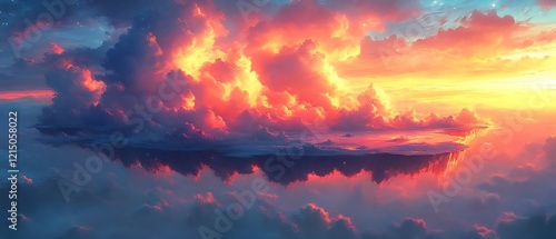 Fototapeta Naklejka Na Ścianę i Meble -  Fiery sunset over a cloud island.