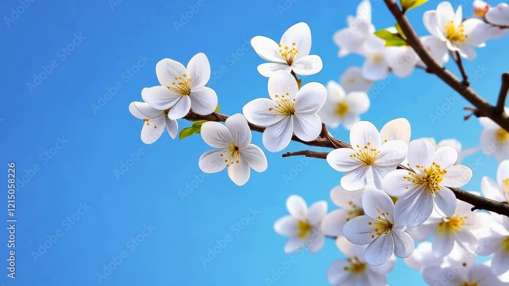 White cherry blossoms branch against clear blue sky, symbolizing spring and renewal. Delicate petals and vibrant colors create serene and uplifting scene, capturing essence of springtime beauty and White cherry blossoms branch against clear blue sky, symbolizing spring and renewal. Delicate petals and vibrant colors create serene and uplifting scene, capturing essence of springtime beauty and