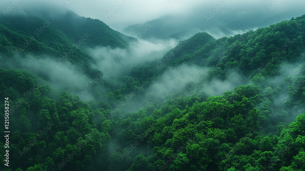 A green forest background with mist and fog, evoking calmness and tranquility, perfect for nature-inspired designs with a minimalistic, bright tone and blurred effects, offering empty space for captio A green forest background with mist and fog, evoking calmness and tranquility, perfect for nature-inspired designs with a minimalistic, bright tone and blurred effects, offering empty space for captio
