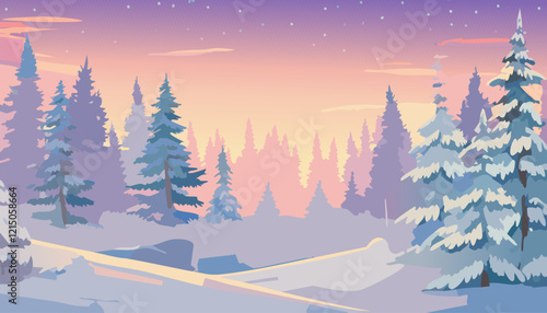 Winter landscape with fir trees and road at sunset. Vector illustration.