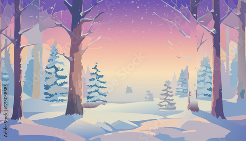 Winter landscape with snow and trees. Vector illustration in cartoon style.