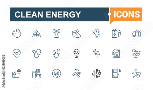 Clean Energy icon collection. It contains symbols to green, electricity, water, thermal, reduce and more. Thin linear style icons. Editable vector stroke.