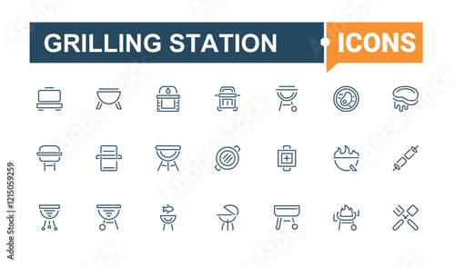 Grilling Station icons set in linear style. Includes icons for cook, ham, barbeque, eat, knife, party, sausage, hot. Outline icon. Editable stroke.