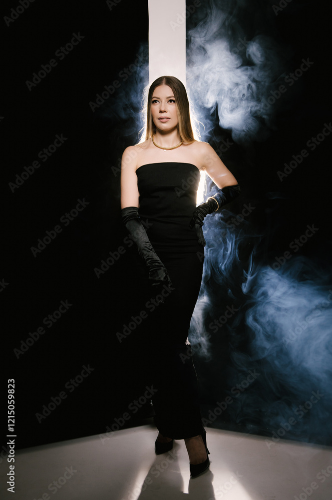 Portrait of a woman in a studio with professional light and smoke in a smart dress with gloves