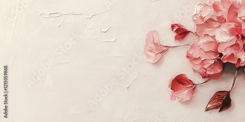 A beautiful arrangement of soft pink flowers is positioned on a textured white surface, creating a tranquil and aesthetic ambiance in a minimalist setting photo