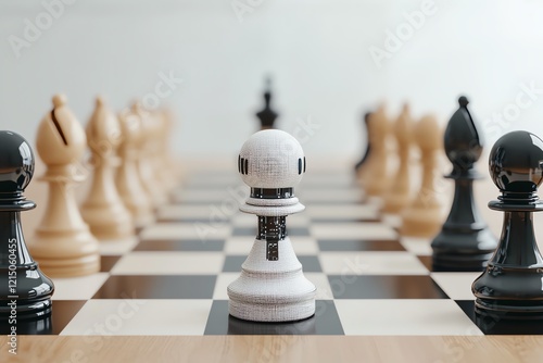 A close-up of a chessboard featuring a unique robot pawn among traditional pieces. photo