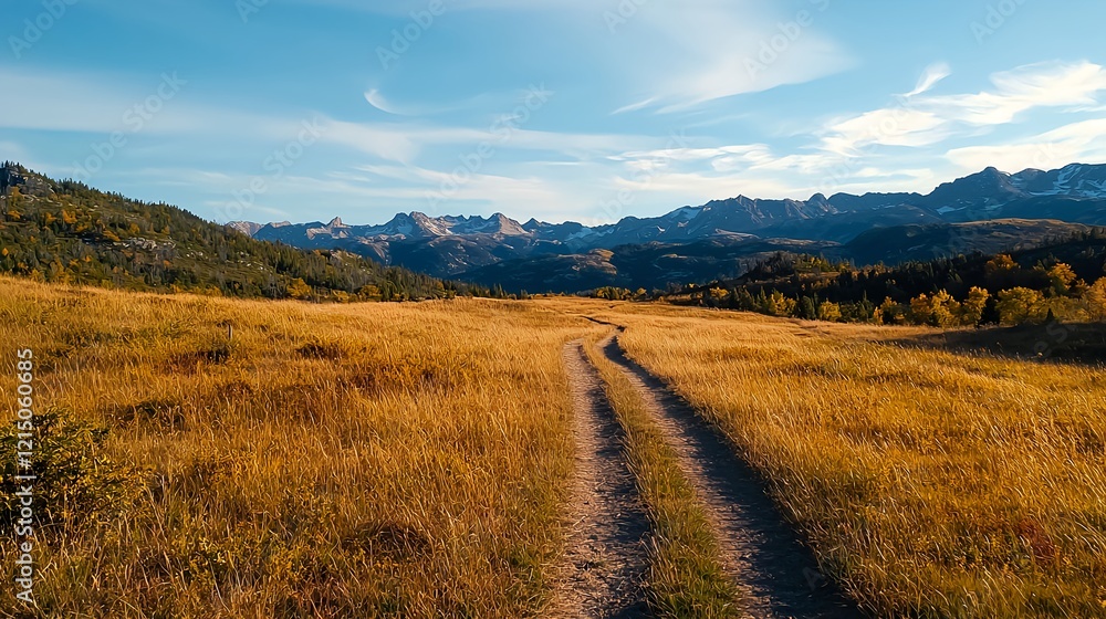 Fototapeta premium Serene Pathway Through Golden Grasslands and Majestic Mountains