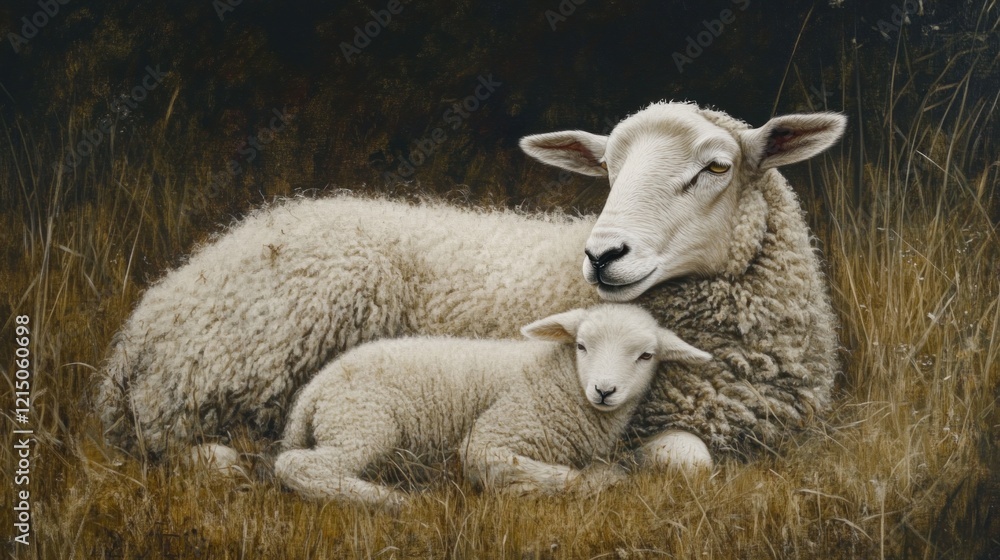 A mother sheep and her lamb resting peacefully in a field of dry grass with a dark backdrop A mother sheep and her lamb resting peacefully in a field of dry grass with a dark backdrop